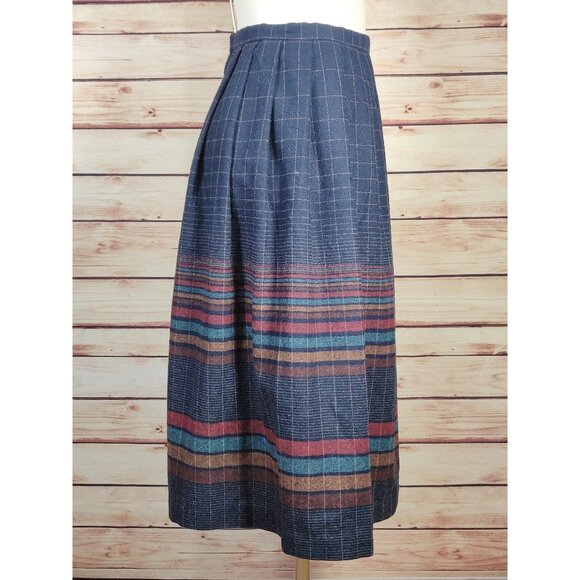 Vintage Century Boston Blue Wool Pleated Plaid/Grid A-Line Midi Dress - Picture 3 of 9